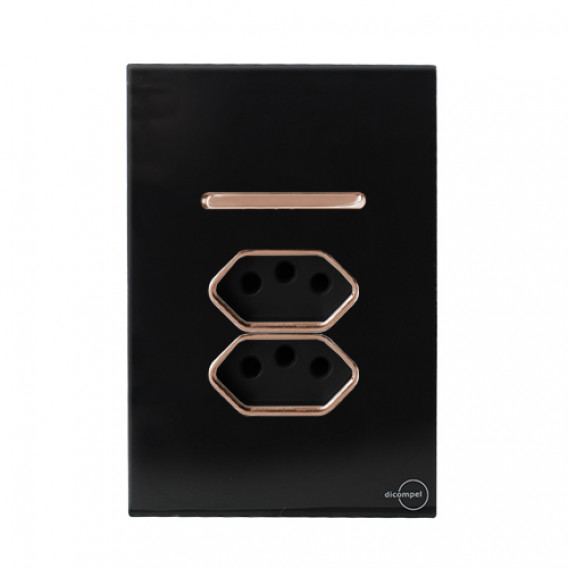 Conjunto Interruptor Paralelo + 2 Tomada 10a 4x2 - Novara Glass Preto Brilhante Ouro Rose Conjunto Interruptor Paralelo + 2 Tomada 10a 4x2 - Novara Glass Preto Brilhante Ouro Rose